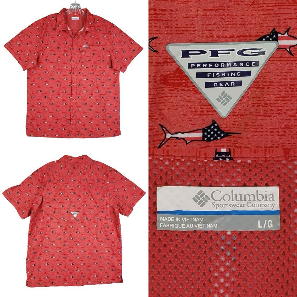 Columbia Shirt Mens PFG SS Button Down Size Large L Red Flag Swordfish Patriotic